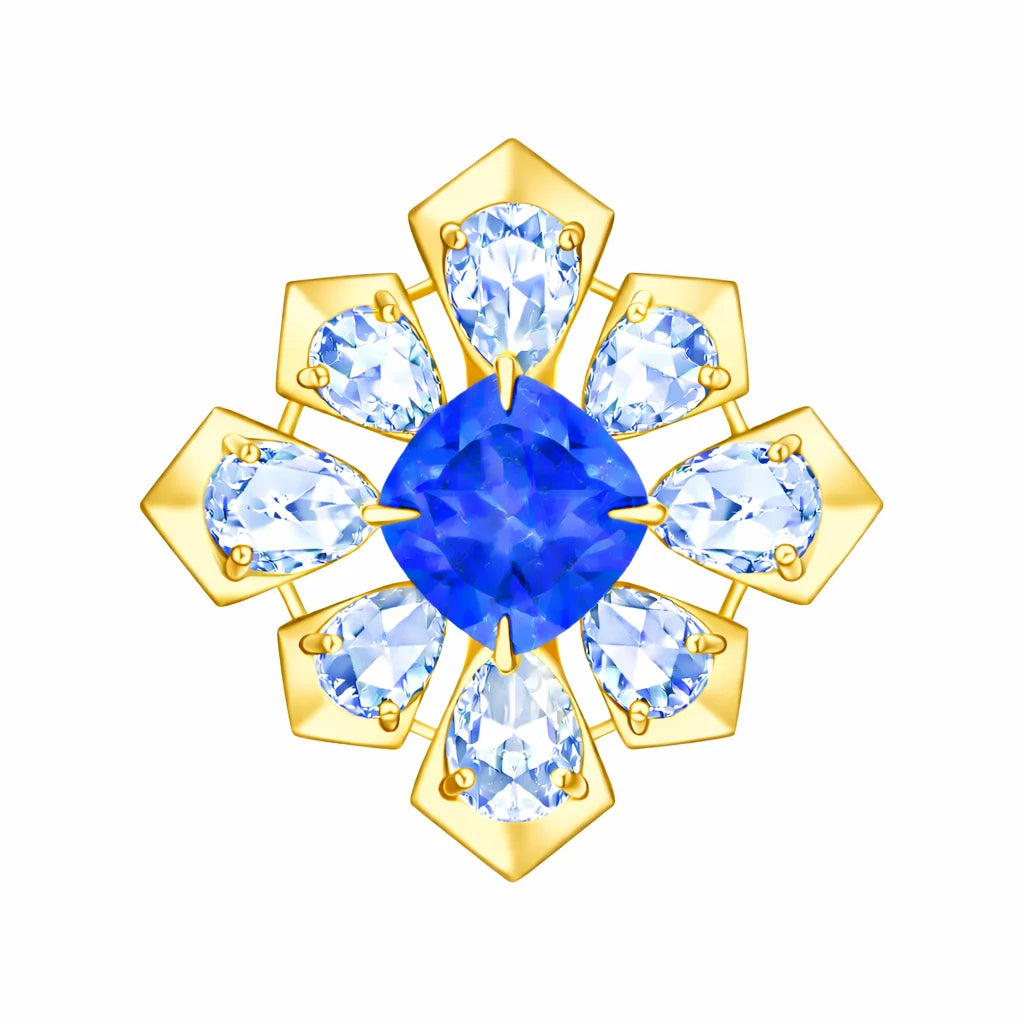 Cushion Cut Blue Colorstone Floral  Ring 