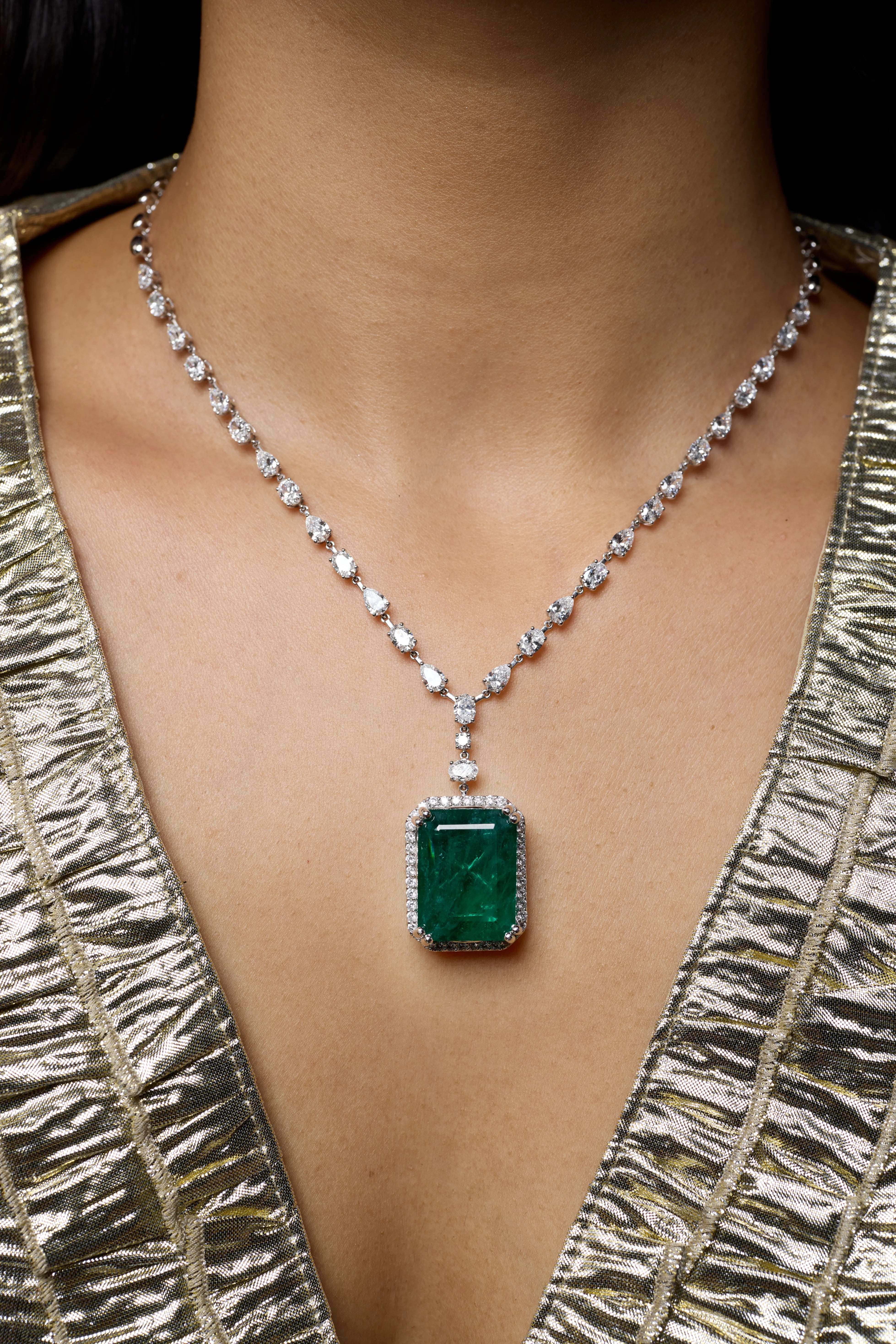 SemiPrecious Emerald  Diamond Halo Drop Necklace