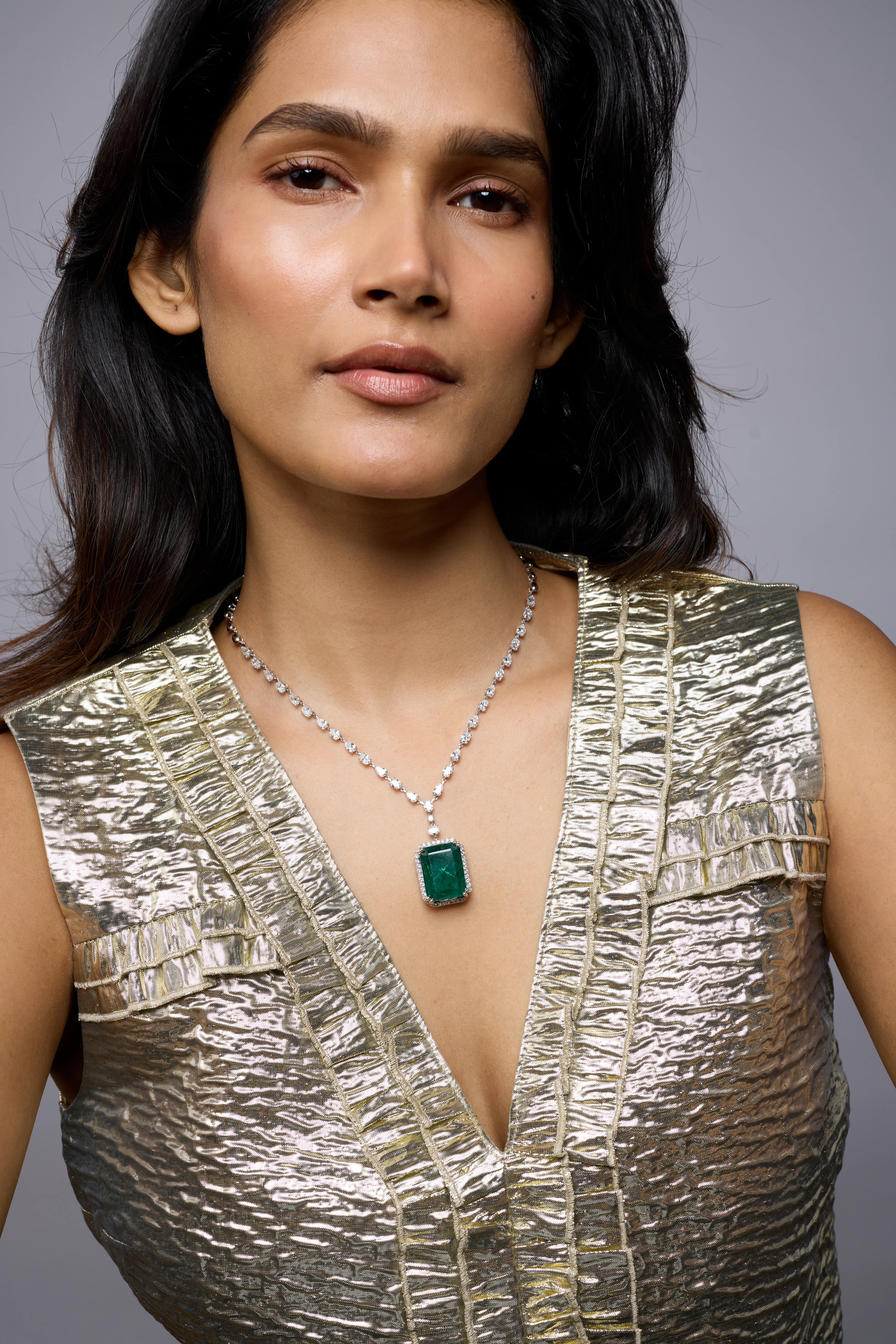 SemiPrecious Emerald  Diamond Halo Drop Necklace