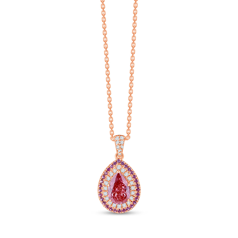 Pear Cut Pink Diamond  Pink Sapphire Double Halo Pendant