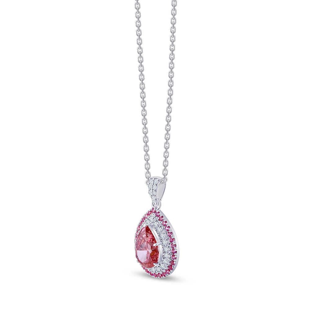 Pear Cut Pink Diamond  Pink Sapphire Double Halo Pendant