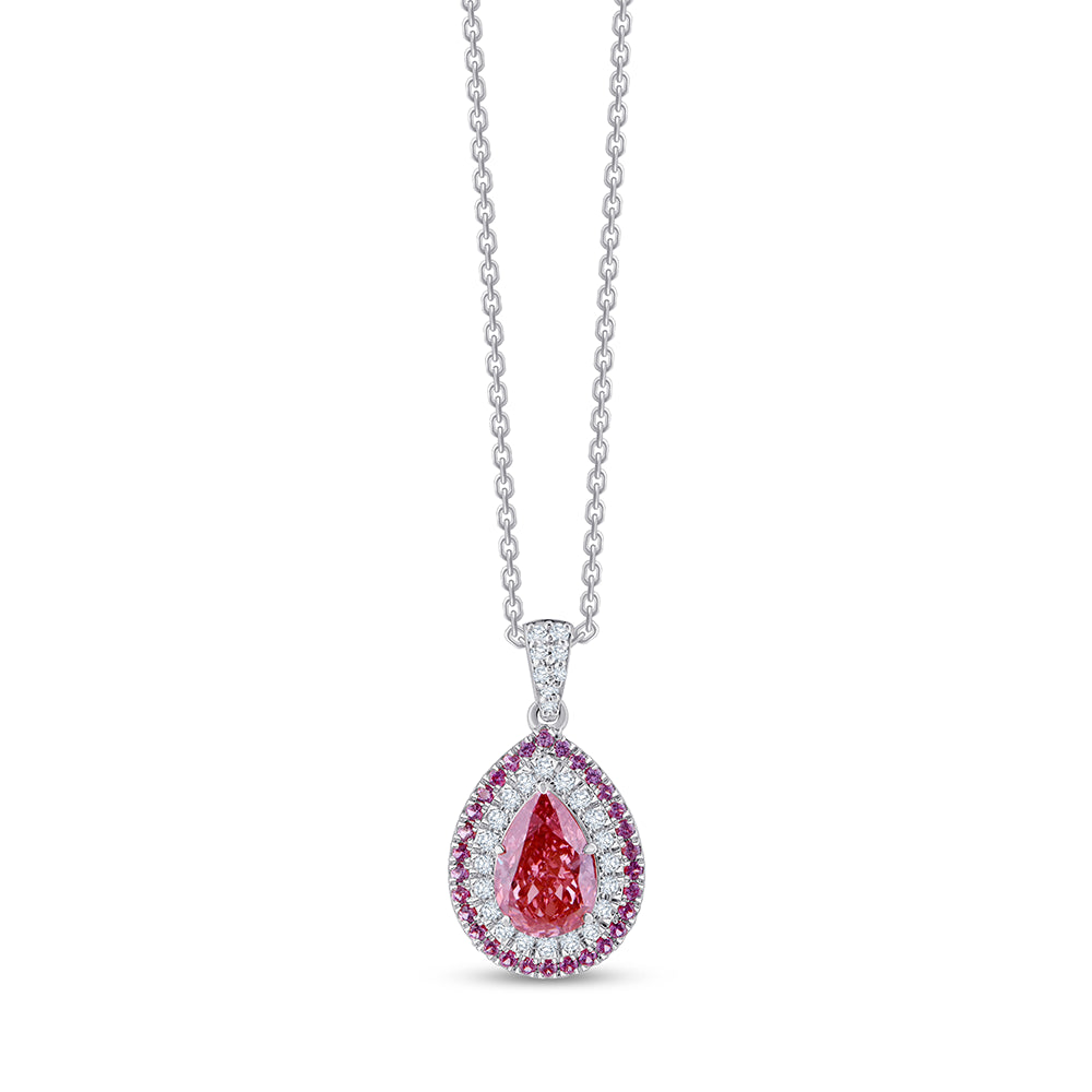 Pear Cut Pink Diamond  Pink Sapphire Double Halo Pendant