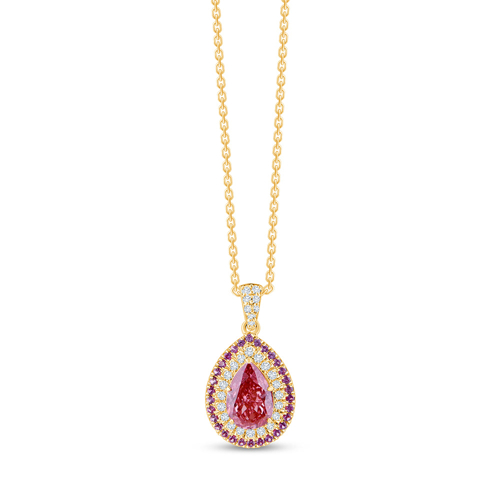 Pear Cut Pink Diamond  Pink Sapphire Double Halo Pendant