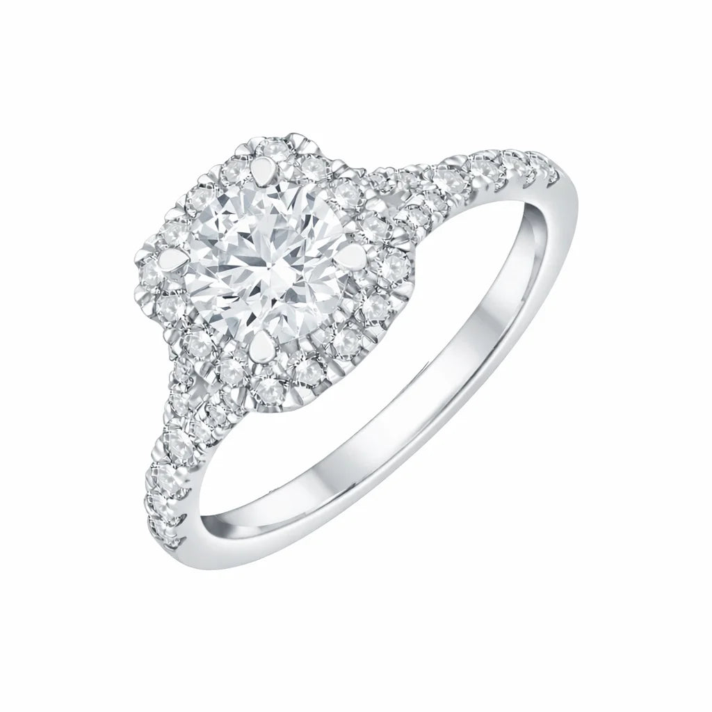 Brilliant Cut Halo Split Shank Solitaire Engagement Ring