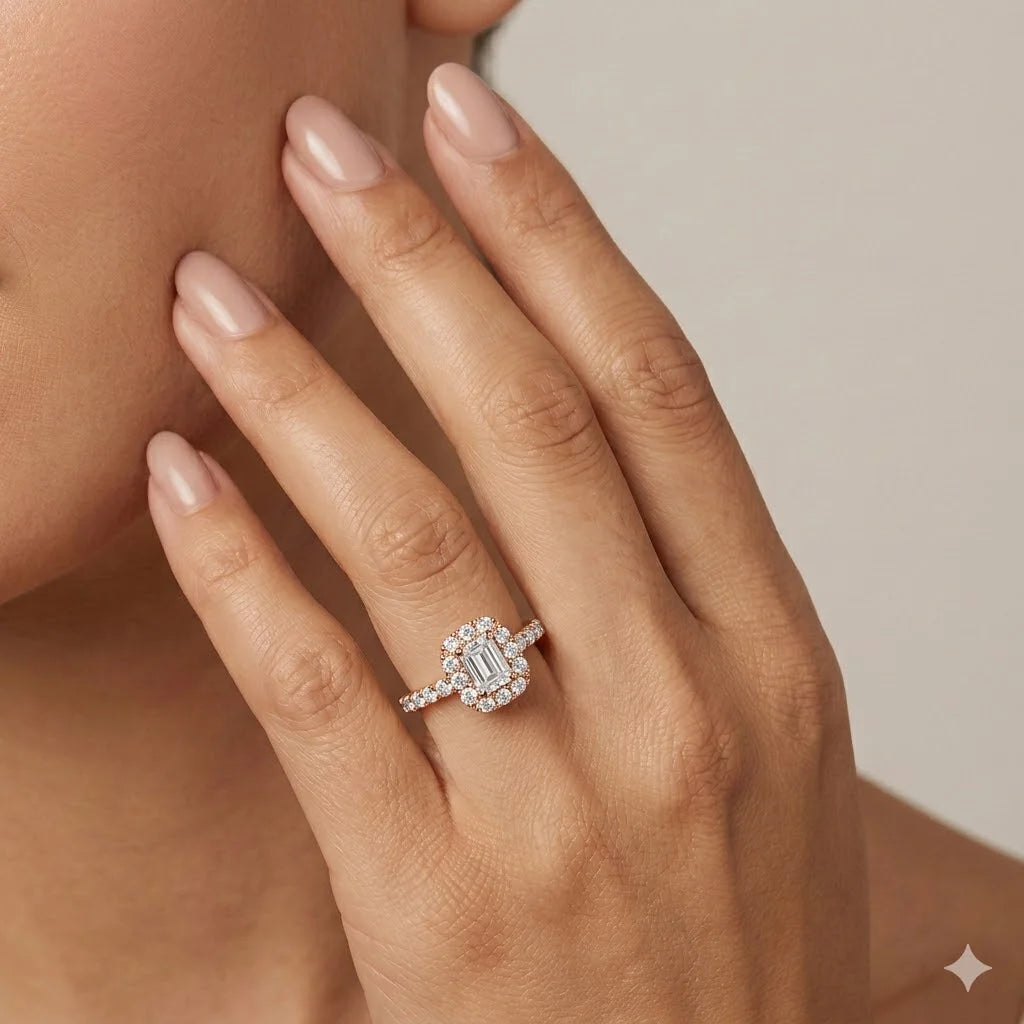 Emerald Cut Halo Diamond Accent Solitaire Engagement Ring