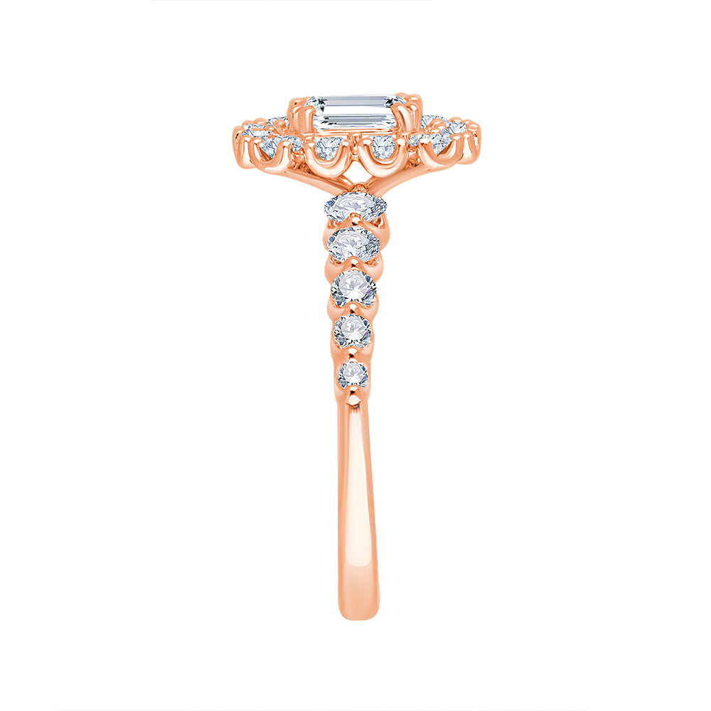 Emerald Cut Halo Diamond Accent Solitaire Engagement Ring
