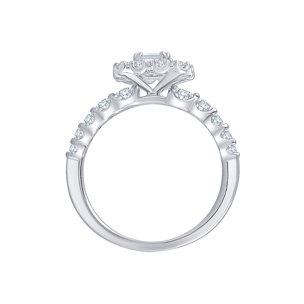 Emerald Cut Halo Diamond Accent Solitaire Engagement Ring