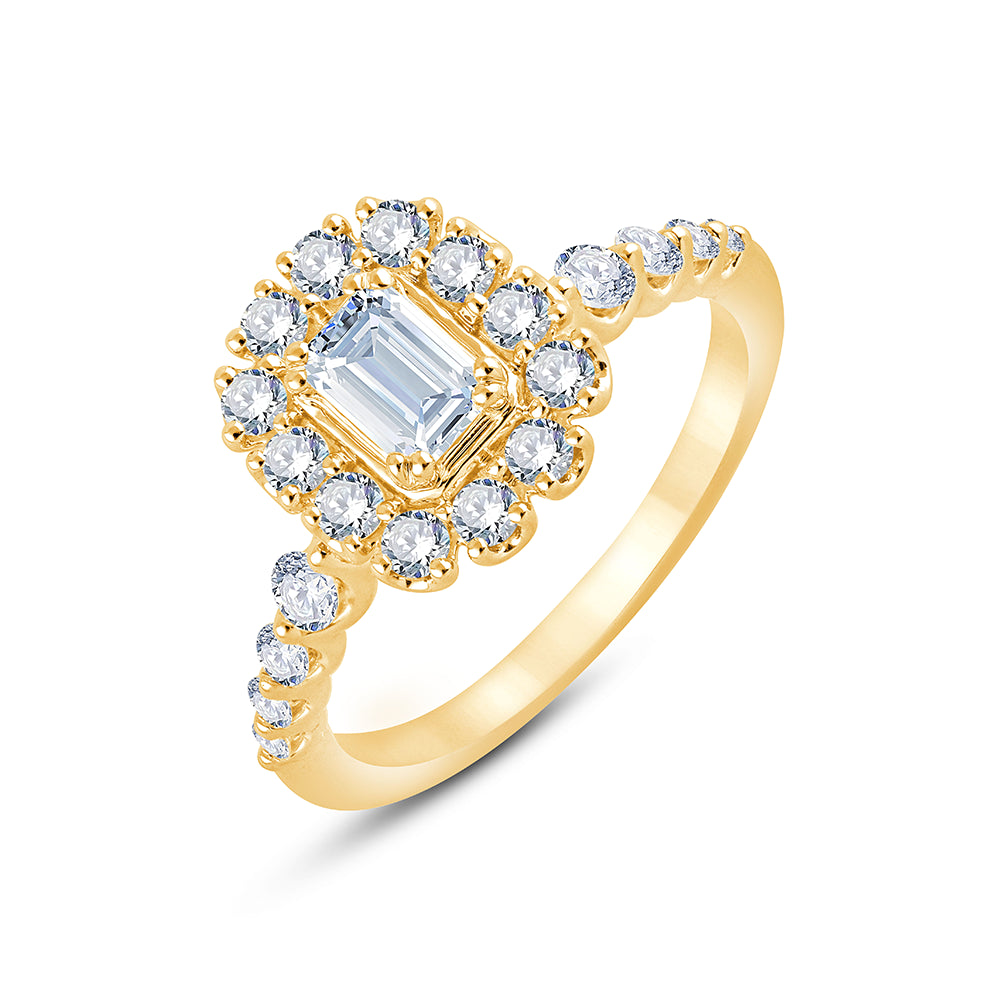 Emerald Cut Halo Diamond Accent Solitaire Engagement Ring