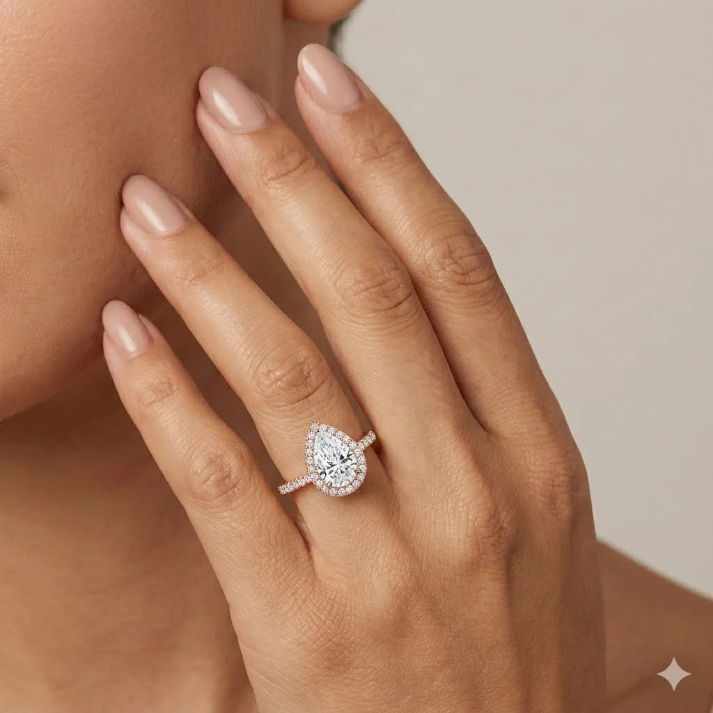 Pear Cut Halo Diamond Accent Solitaire Engagement Ring 