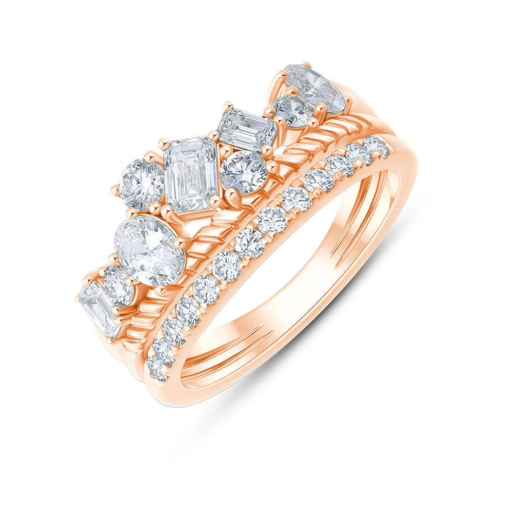 Mixed Cut Triple Row Diamond Statement Ring