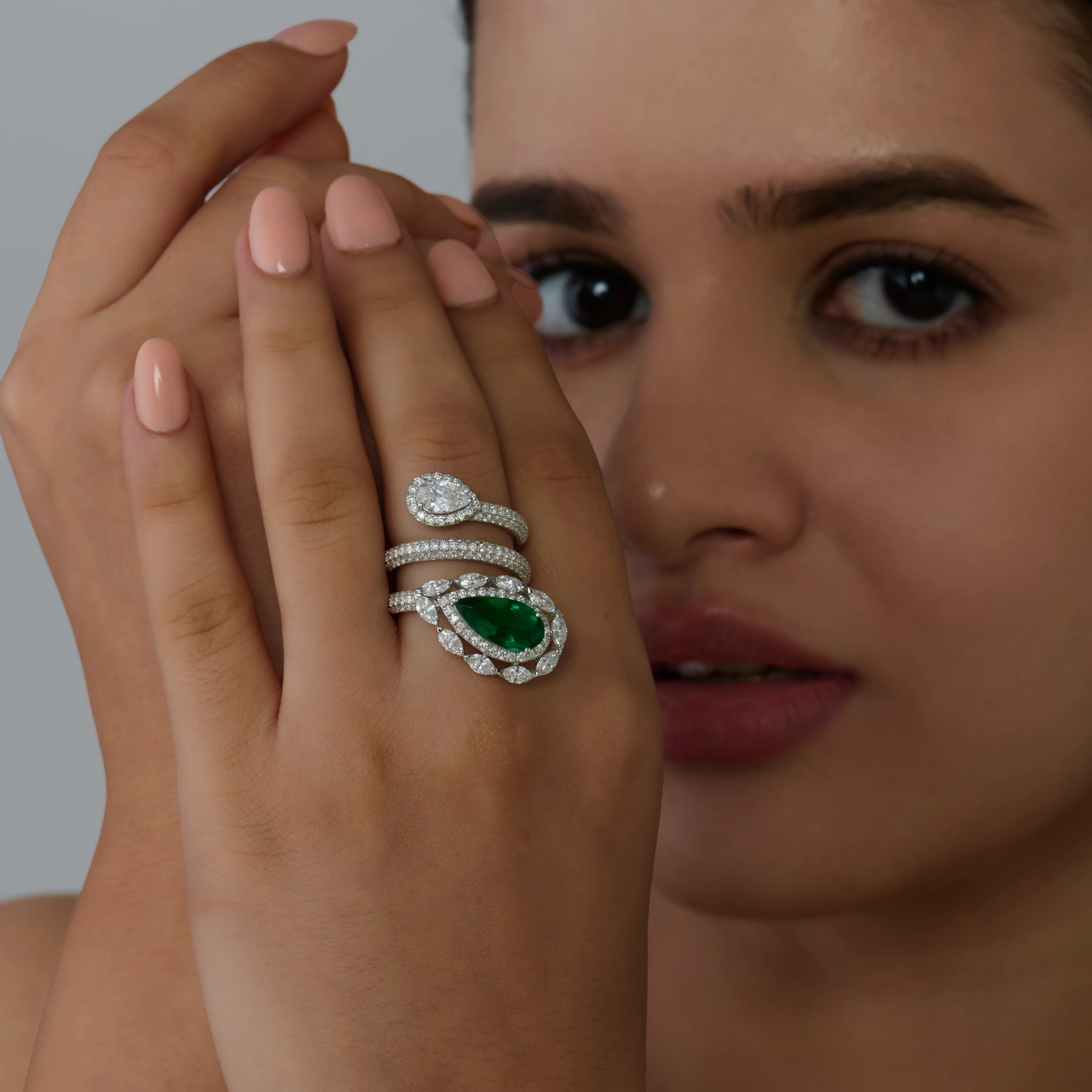 Pear Cut Semi-Precious Emerald & Diamond Wrap Ring 