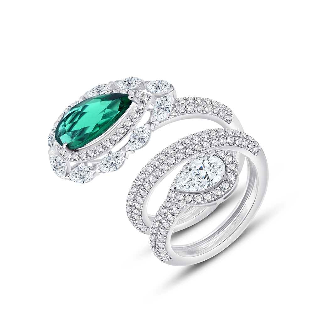 Pear Cut Semi-Precious Emerald & Diamond Wrap Ring 
