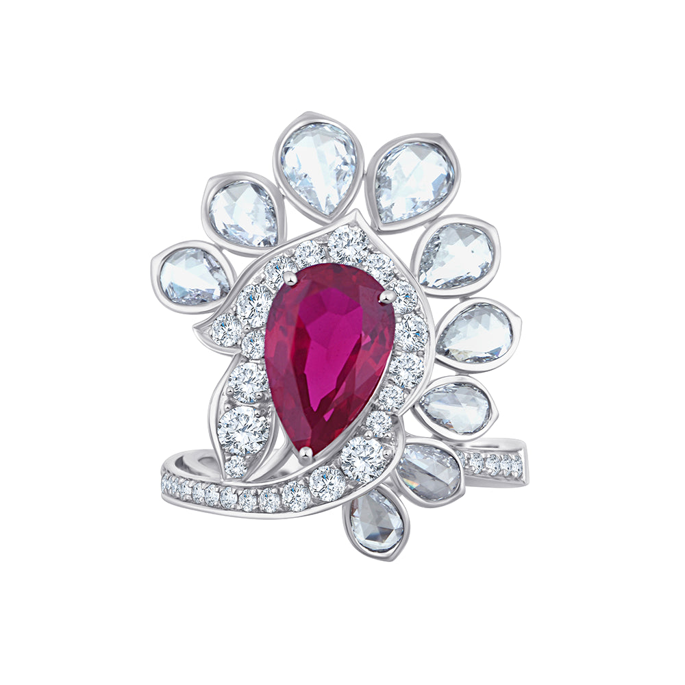 Pear Cut Ruby Floral Cocktail Ring