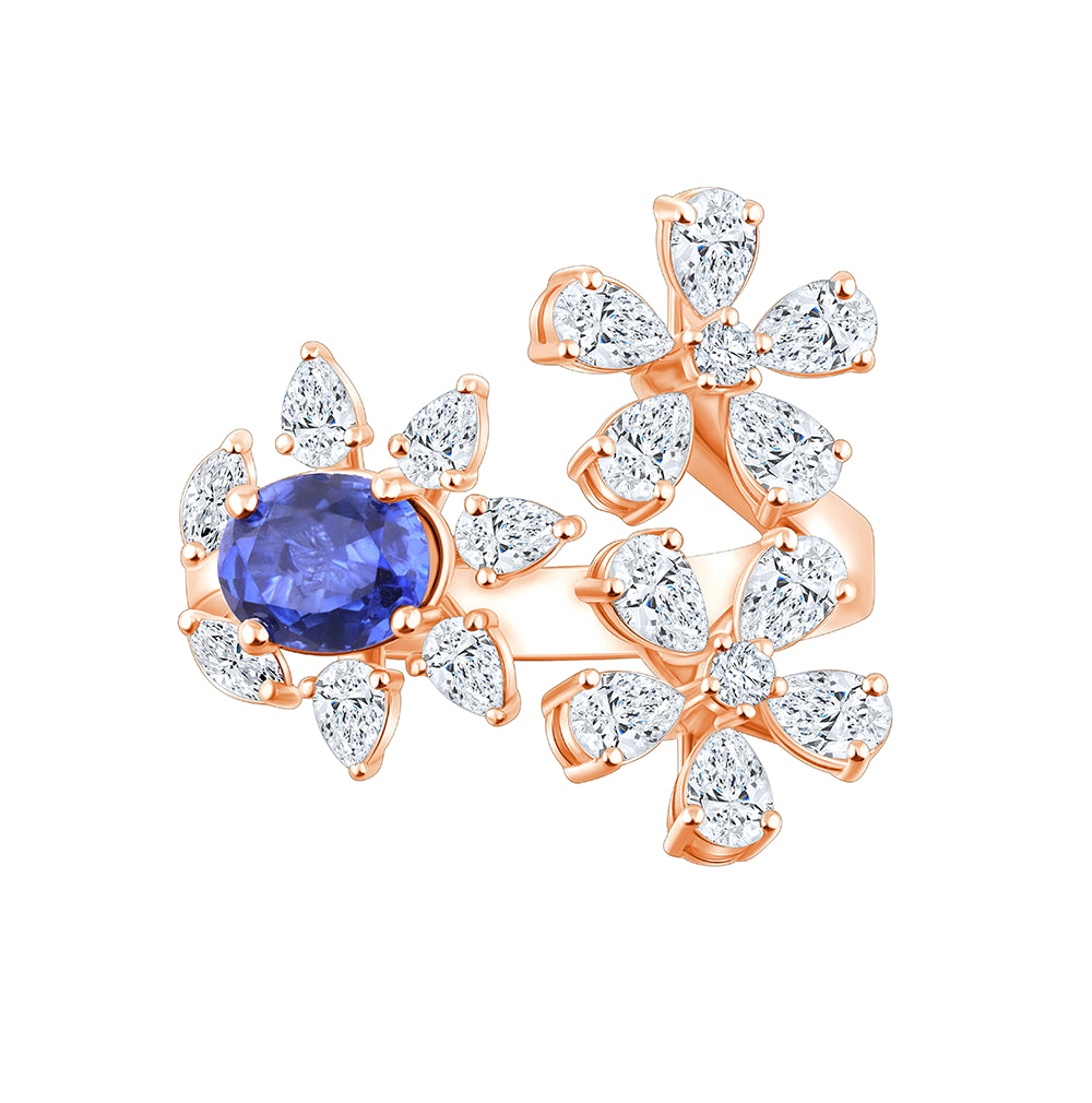 Pear Cut Floral Sapphire Open Ring