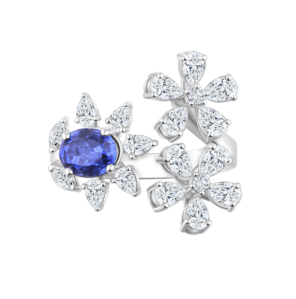 Pear Cut Floral Sapphire Open Ring