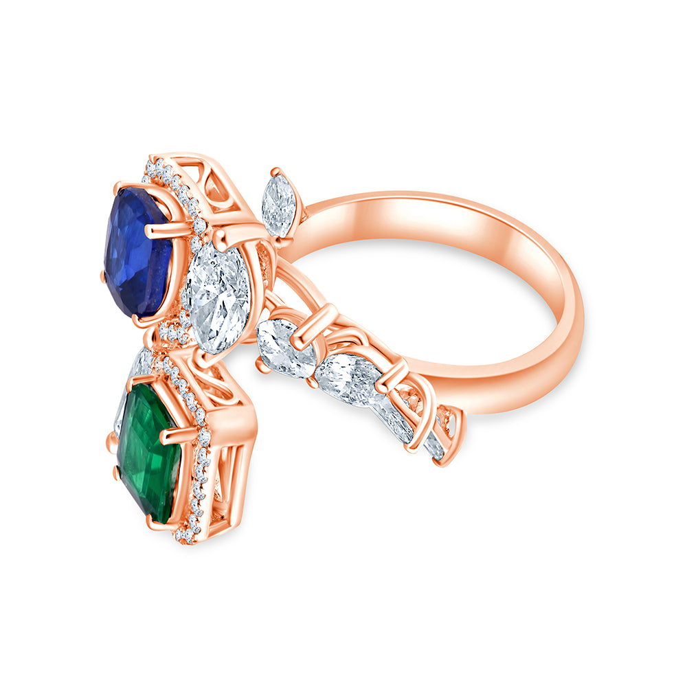 Emerald  Sapphire Floral Open Ring