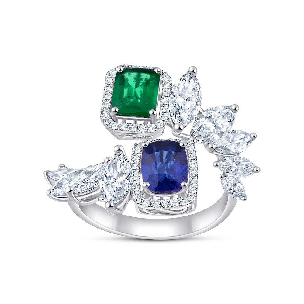 Emerald  Sapphire Floral Open Ring