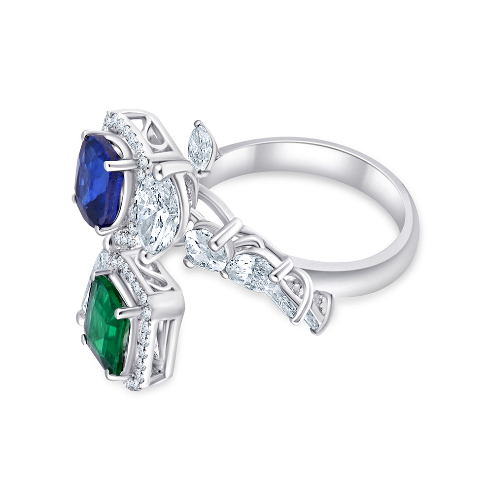 Emerald  Sapphire Floral Open Ring