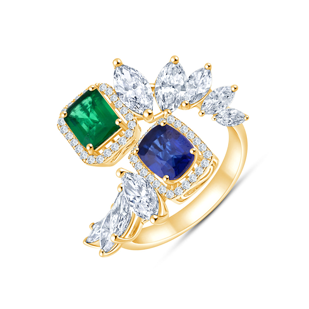 Emerald  Sapphire Floral Open Ring