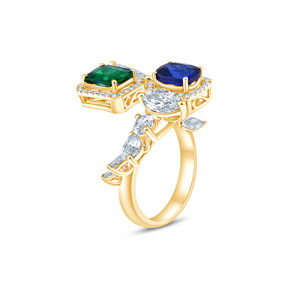 Emerald  Sapphire Floral Open Ring