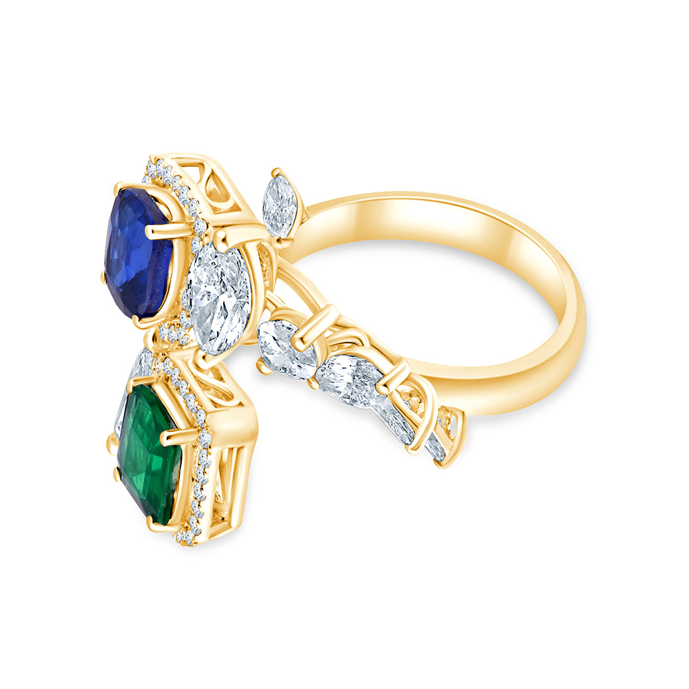 Emerald  Sapphire Floral Open Ring