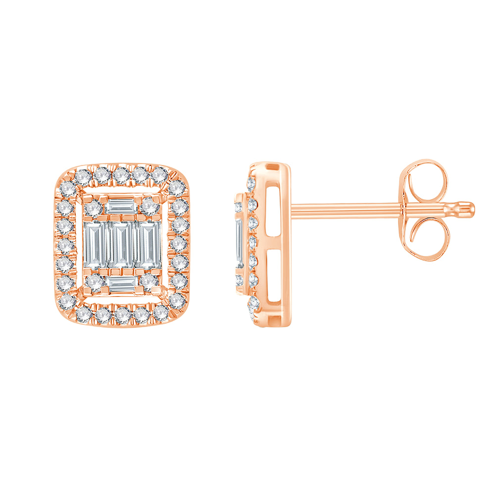 Baguette Cut Halo Stud Earrings
