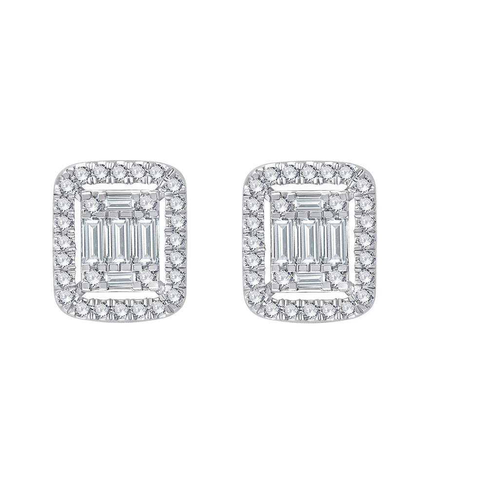 Baguette Cut Halo Stud Earrings