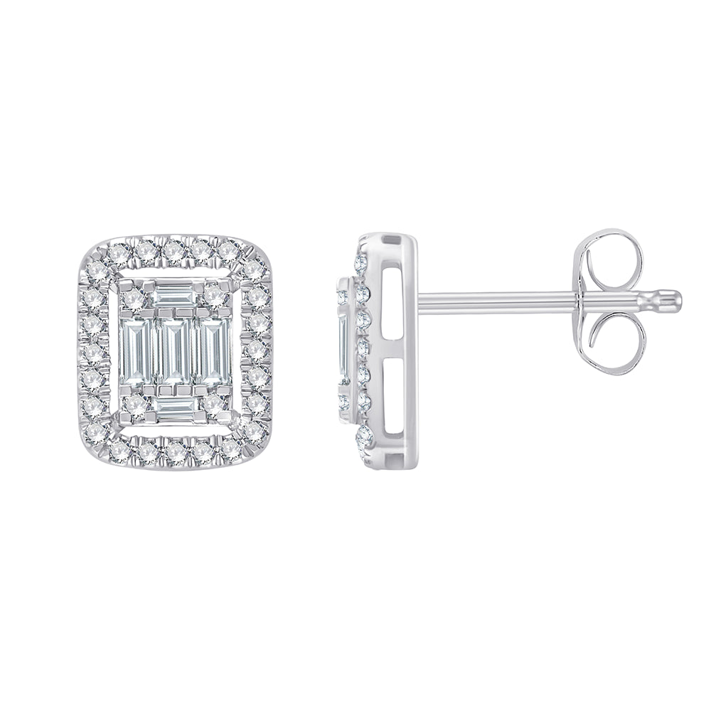 Baguette Cut Halo Stud Earrings