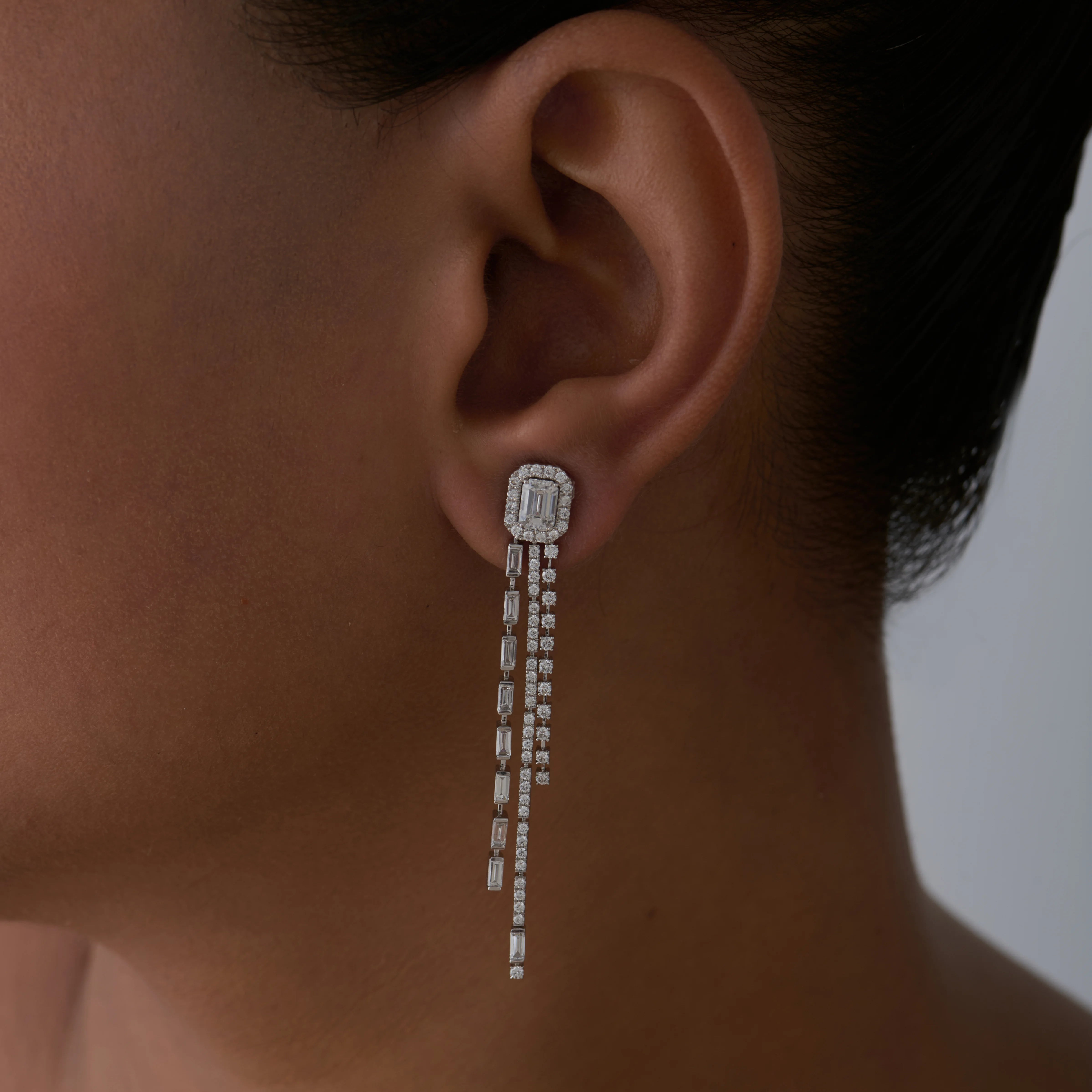 Baguette Cut Halo Tassel Earings 