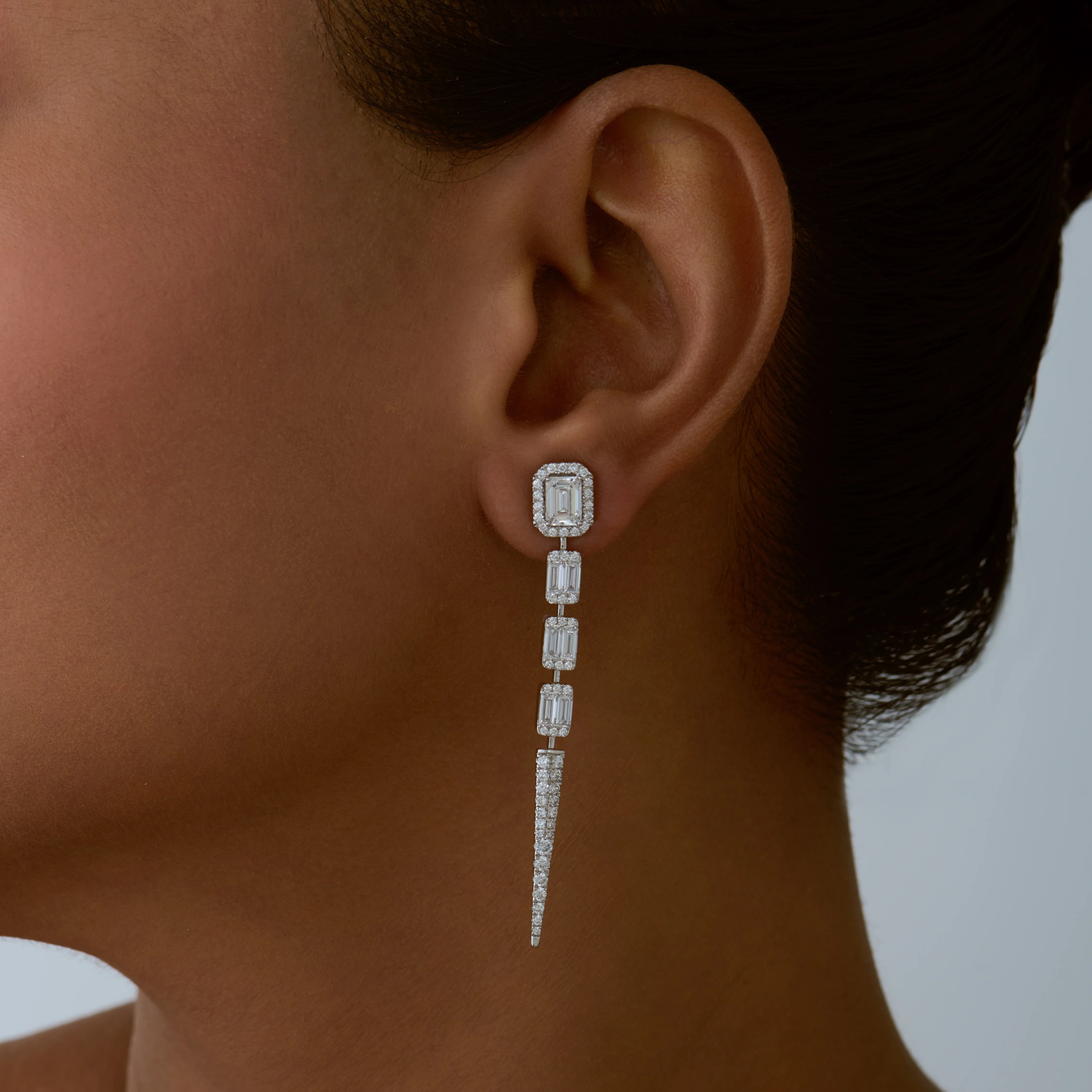 Emerald Cut Halo Drop Earrings