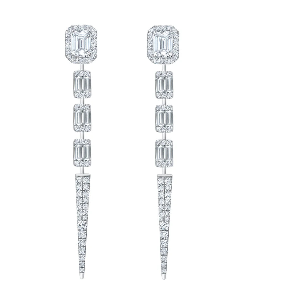 Emerald Cut Halo Drop Earrings