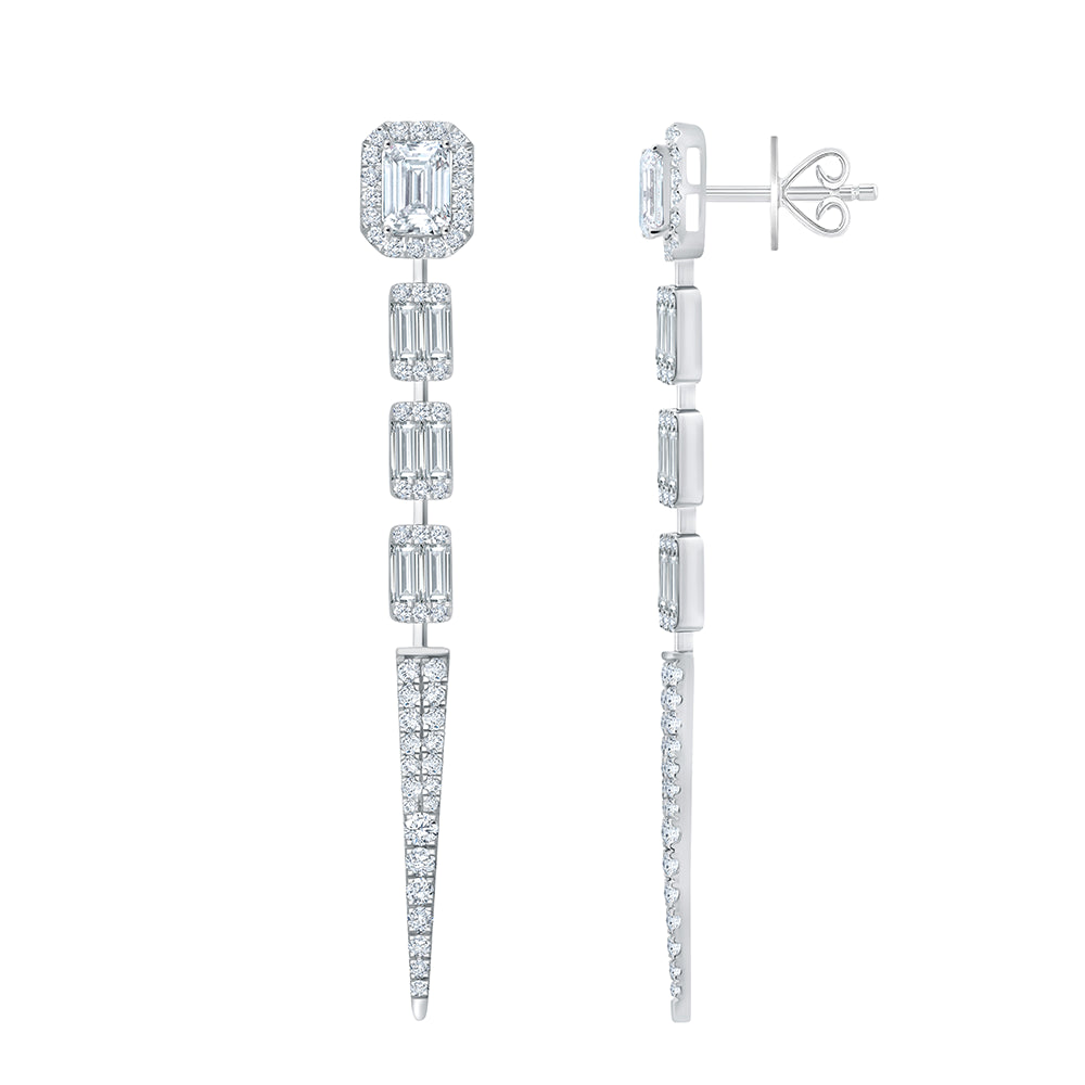Emerald Cut Halo Drop Earrings