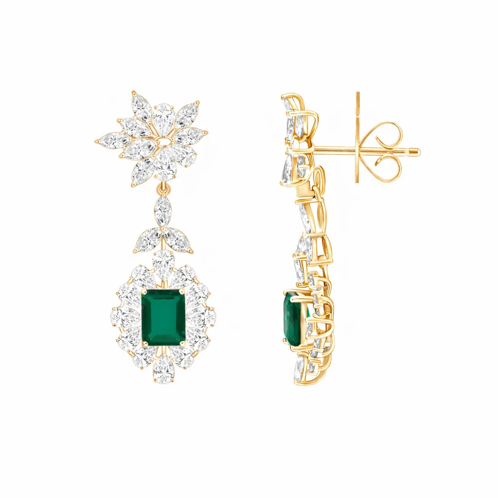SemiPrecious Emerald Halo Floral Drop Earrings