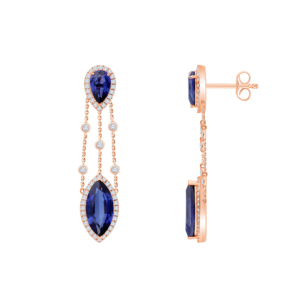 Semi-Precious Sapphire Pear & Marquise Halo Drop Earrings