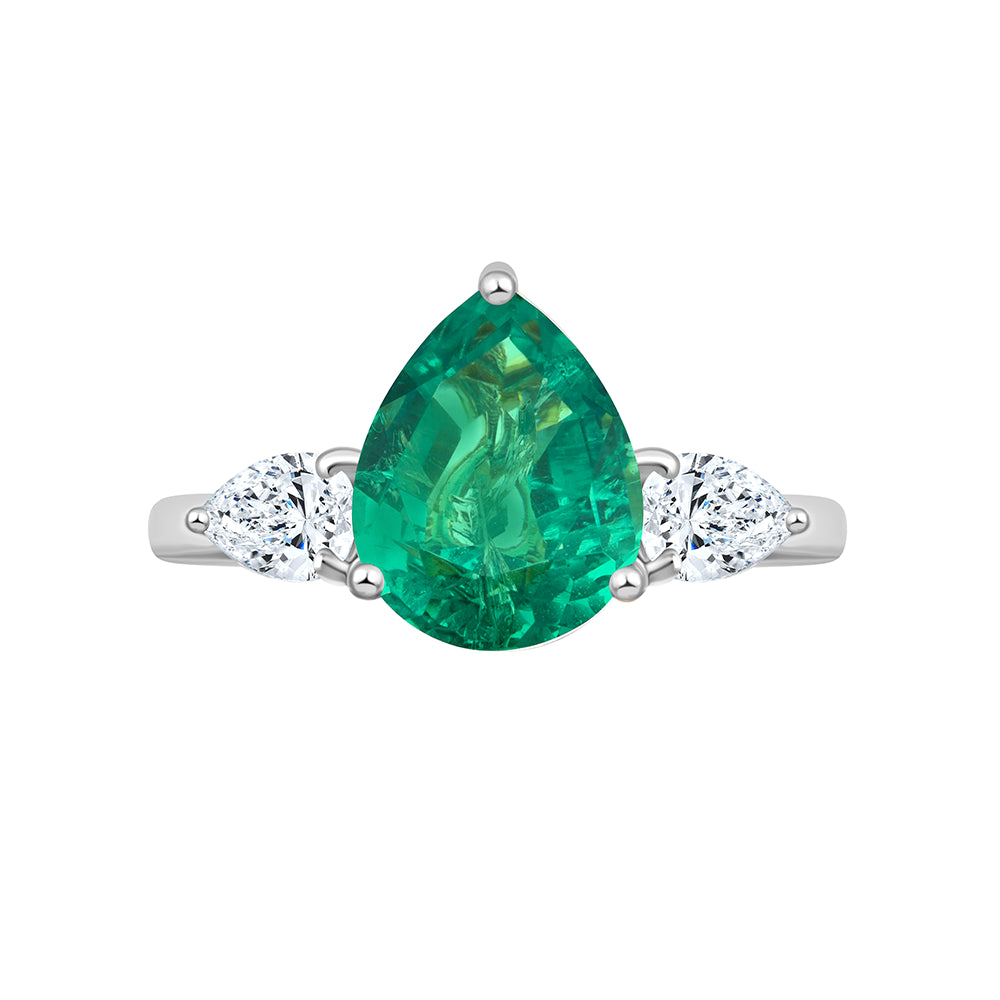 SemiPrecious Emerald  Diamond Three Stone Ring 
