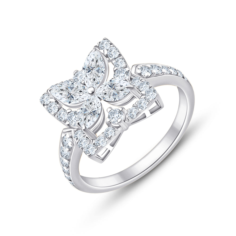 Clover Motif Halo Diamond Accent Ring 