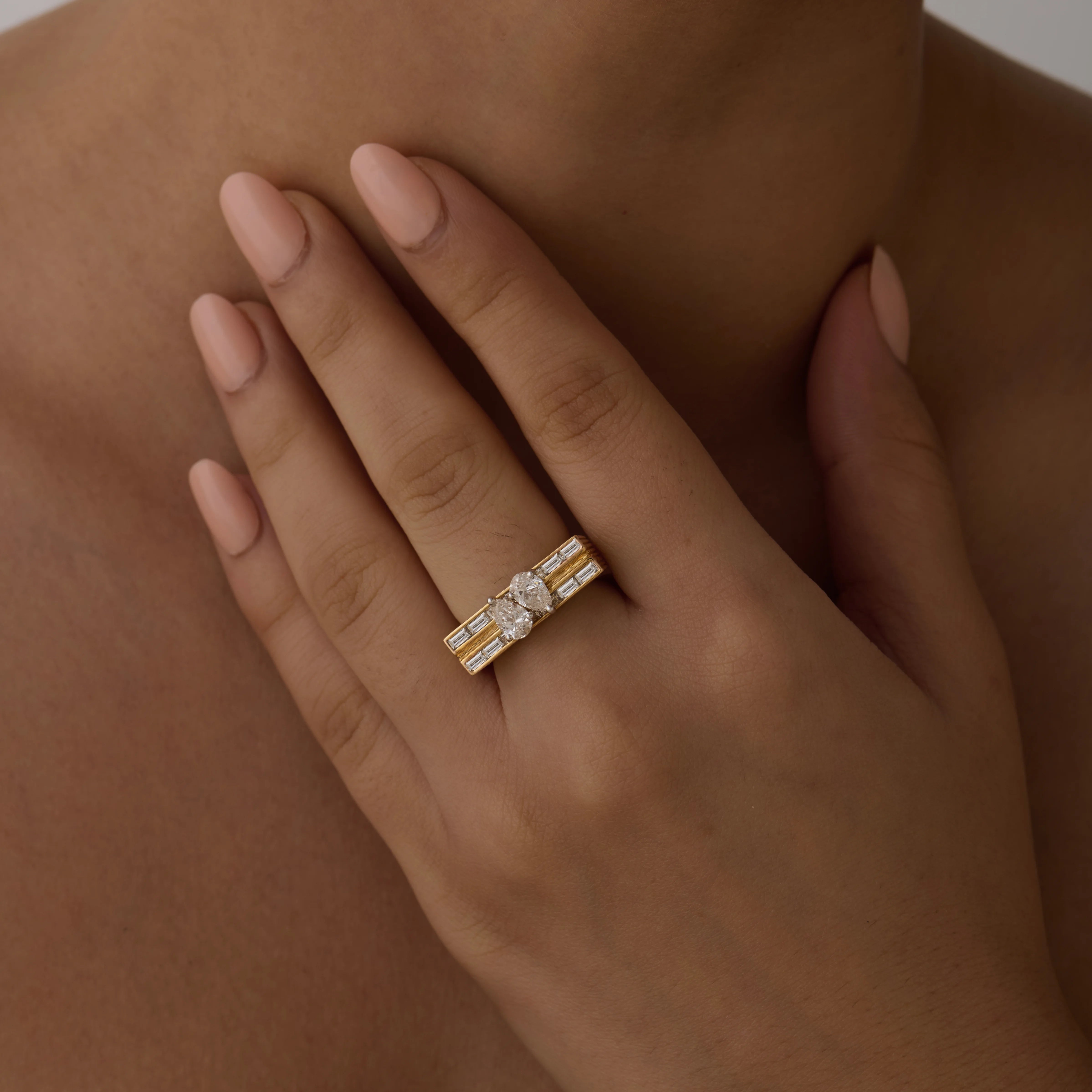 Pear  Baguette Cut Panel Line Ring 