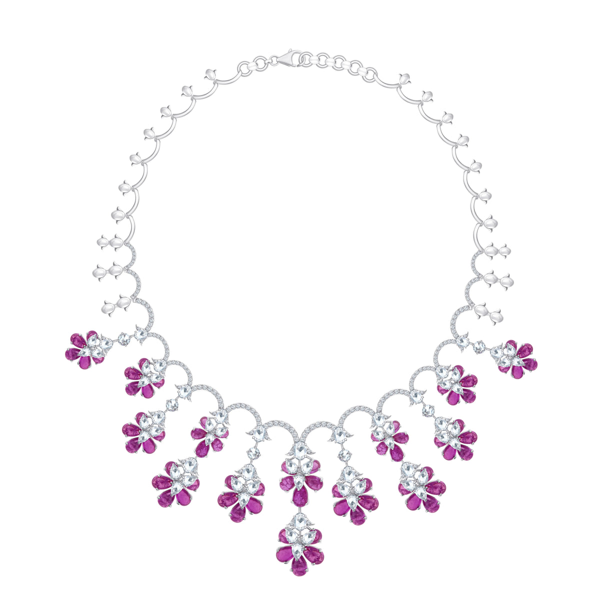 Mixed-Cut Floral Fringe Pink Necklace