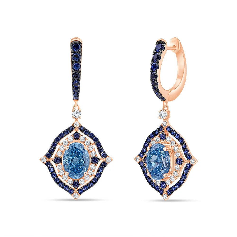 Oval Cut Sapphire Halo Drop Earrings