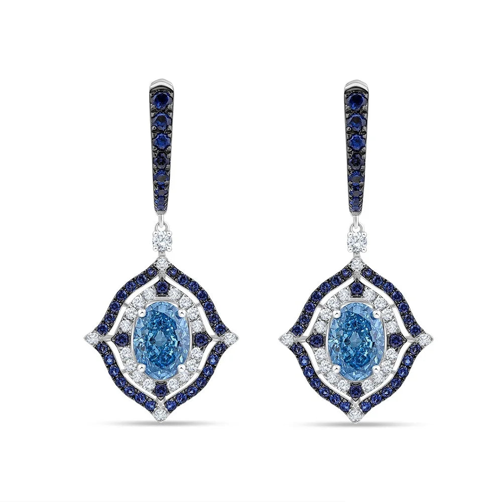 Oval Cut Sapphire Halo Drop Earrings
