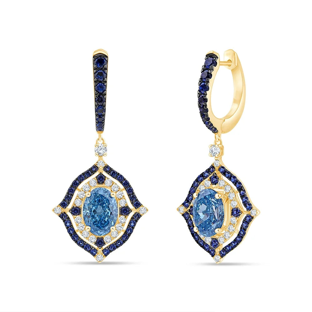 Oval Cut Sapphire Halo Drop Earrings